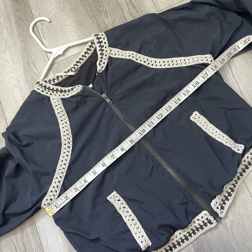 Free People Jacket crochet crop bomber womens Navy Blue small boho preppy casual